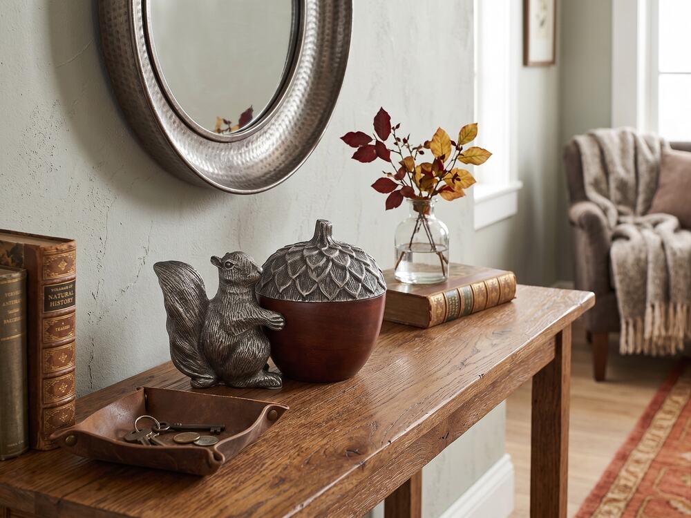 Vintage Pewter and Wood Acorn Serving Bowl with Standing Squirrel Nut Dish